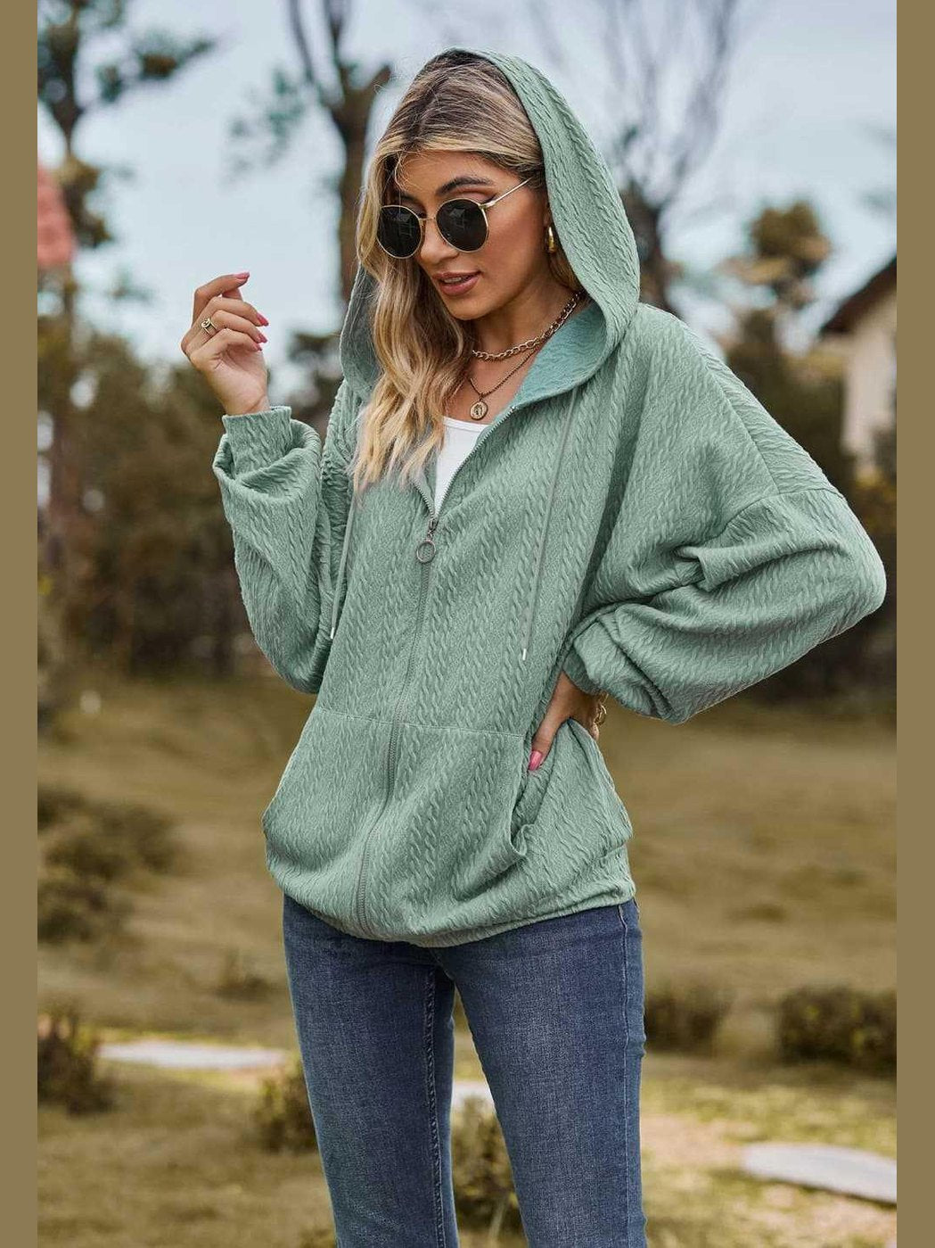Cable-Knit Long Sleeve Hooded Jacket -- 