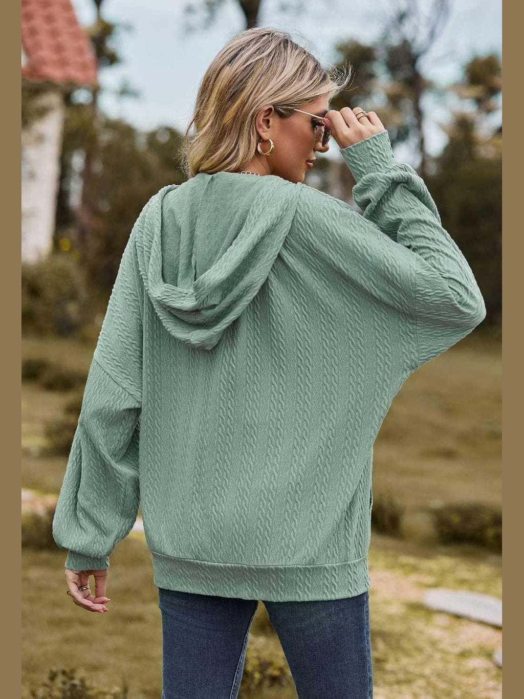 Cable-Knit Long Sleeve Hooded Jacket -- 