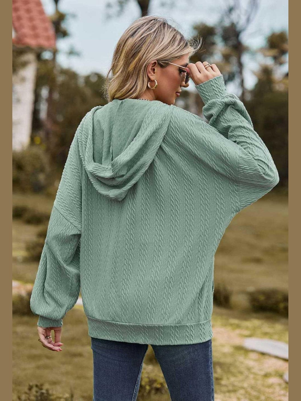 Cable-Knit Long Sleeve Hooded Jacket -- 