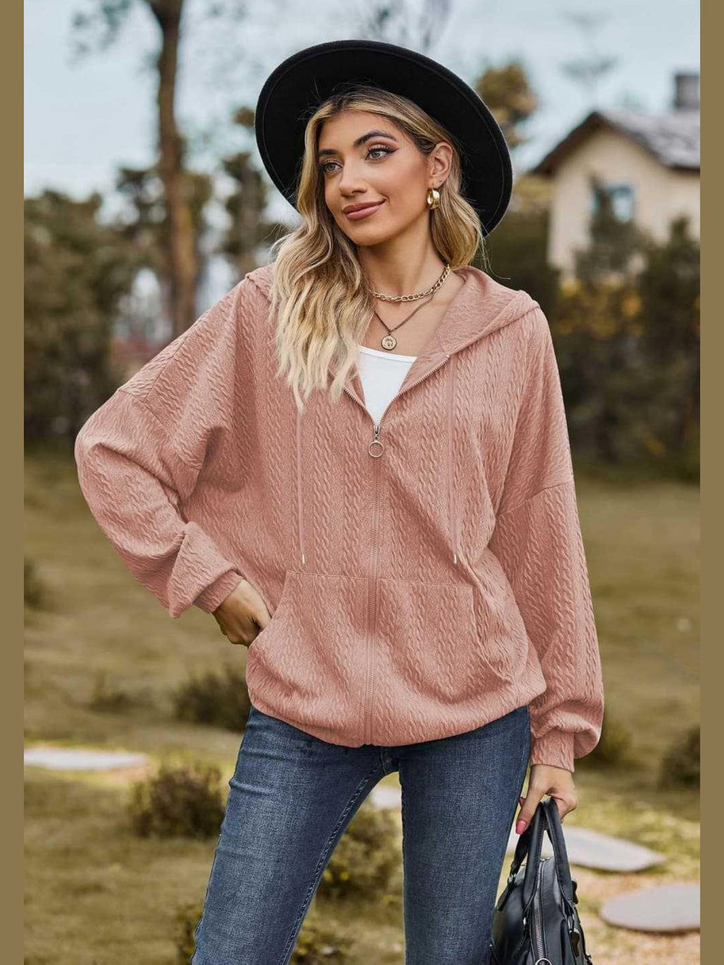 Cable-Knit Long Sleeve Hooded Jacket -- 