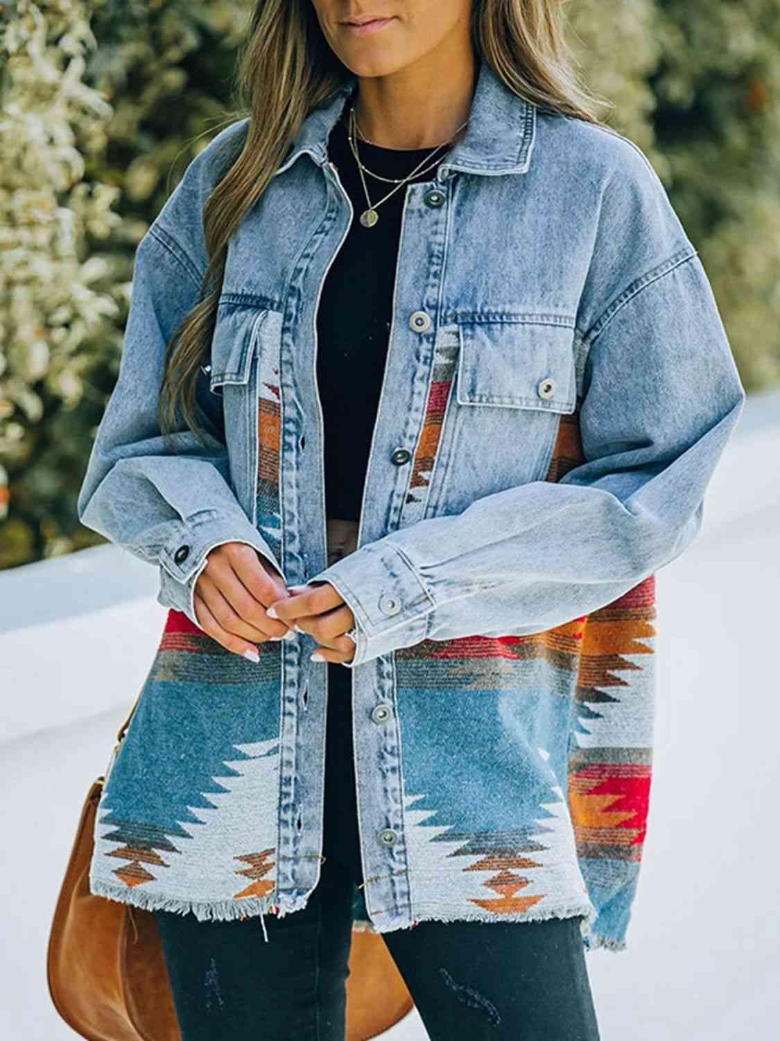 Collared Neck Dropped Shoulder Denim Jacket -- 