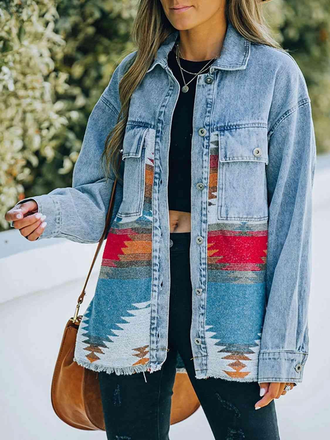 Collared Neck Dropped Shoulder Denim Jacket -- 
