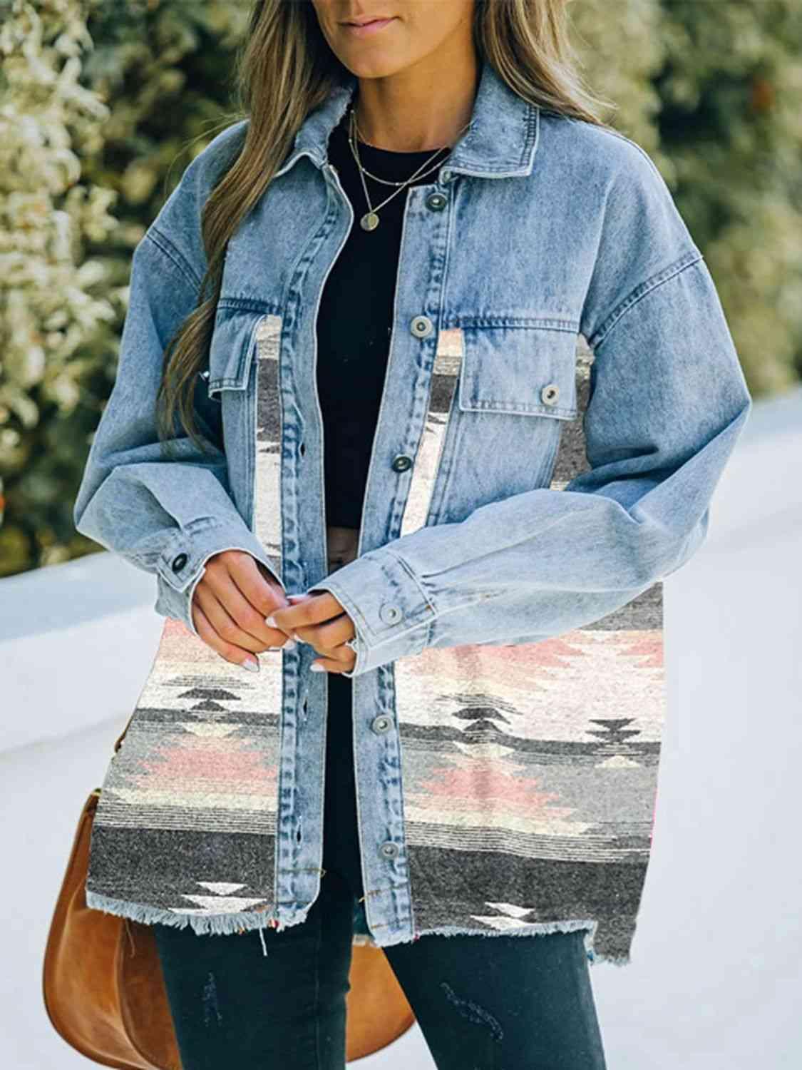 Collared Neck Dropped Shoulder Denim Jacket -- 