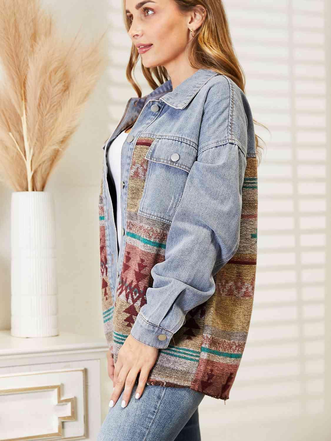 Collared Neck Dropped Shoulder Denim Jacket -- 