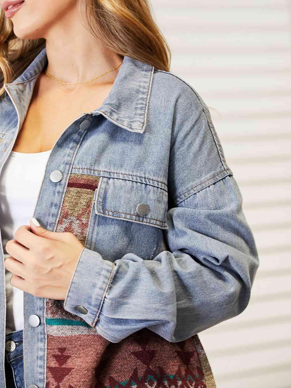 Collared Neck Dropped Shoulder Denim Jacket -- 