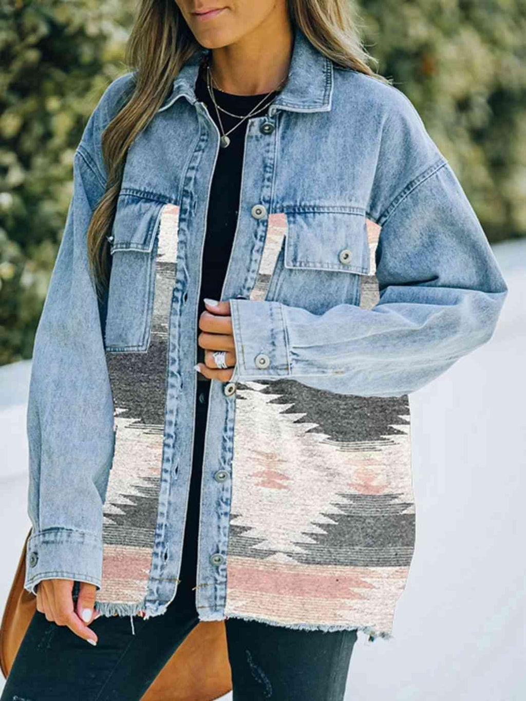 Collared Neck Dropped Shoulder Denim Jacket -- 