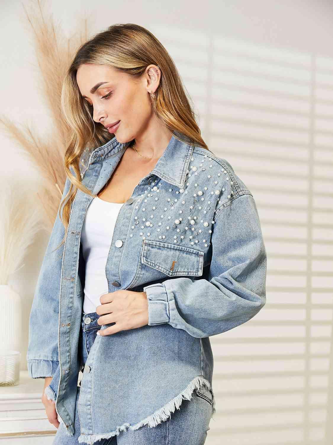 Collared Neck Raw Hem Dropped Shoulder Denim Jacket -- 