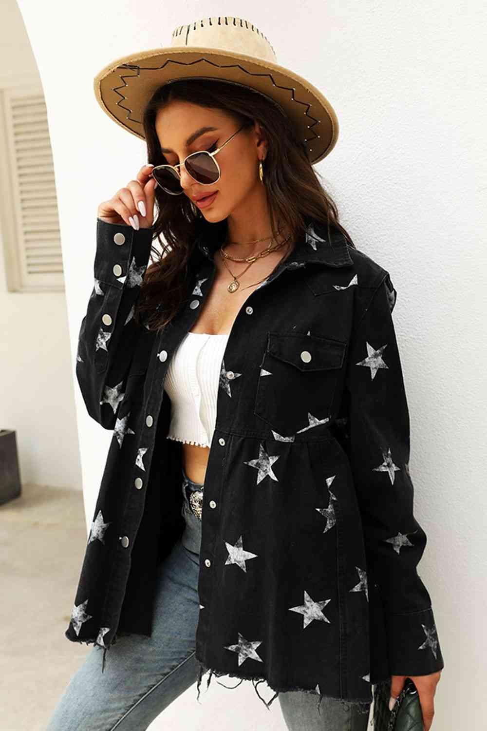Collared Neck Star Print Long Sleeve Denim Jacket -- 