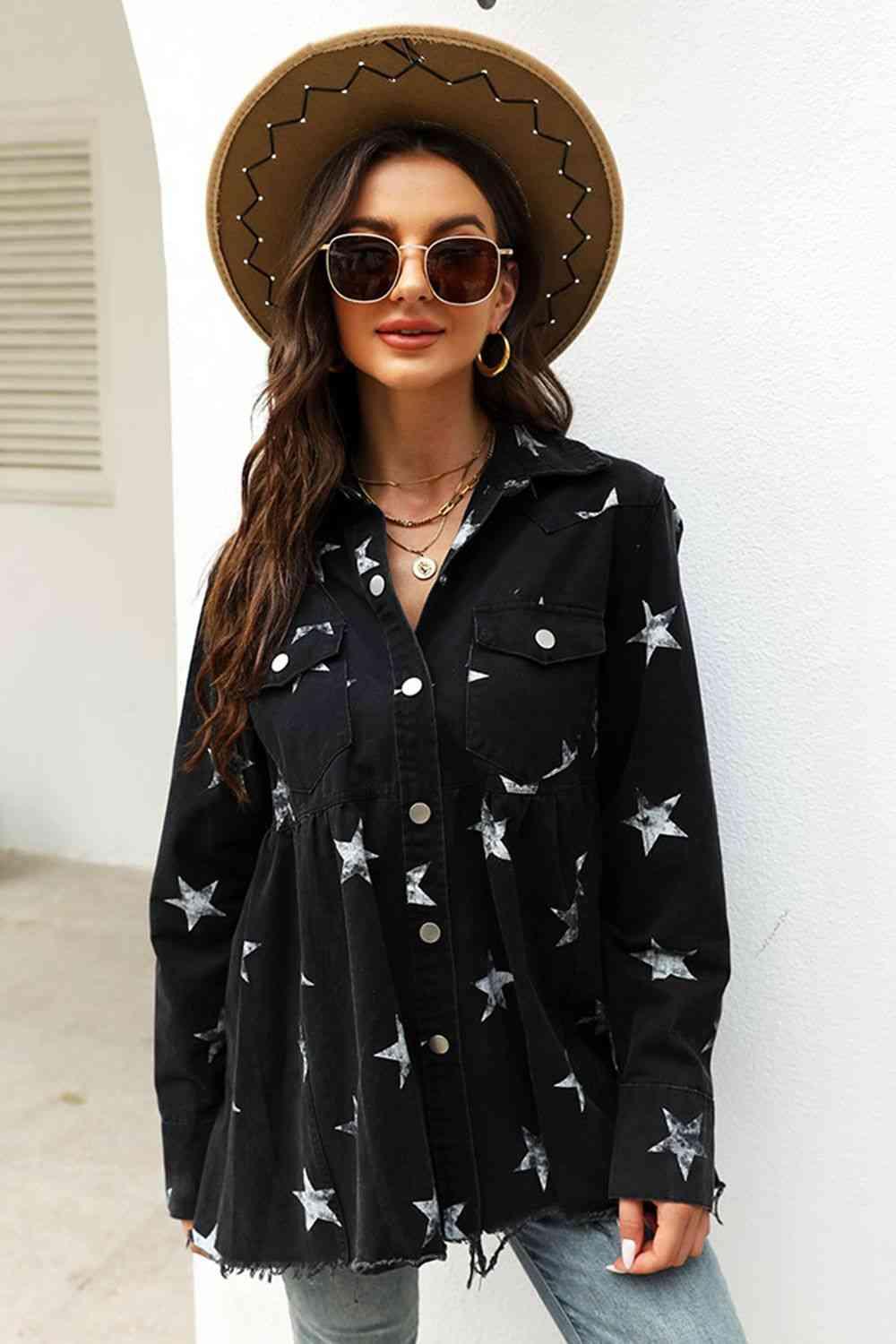 Collared Neck Star Print Long Sleeve Denim Jacket -- 