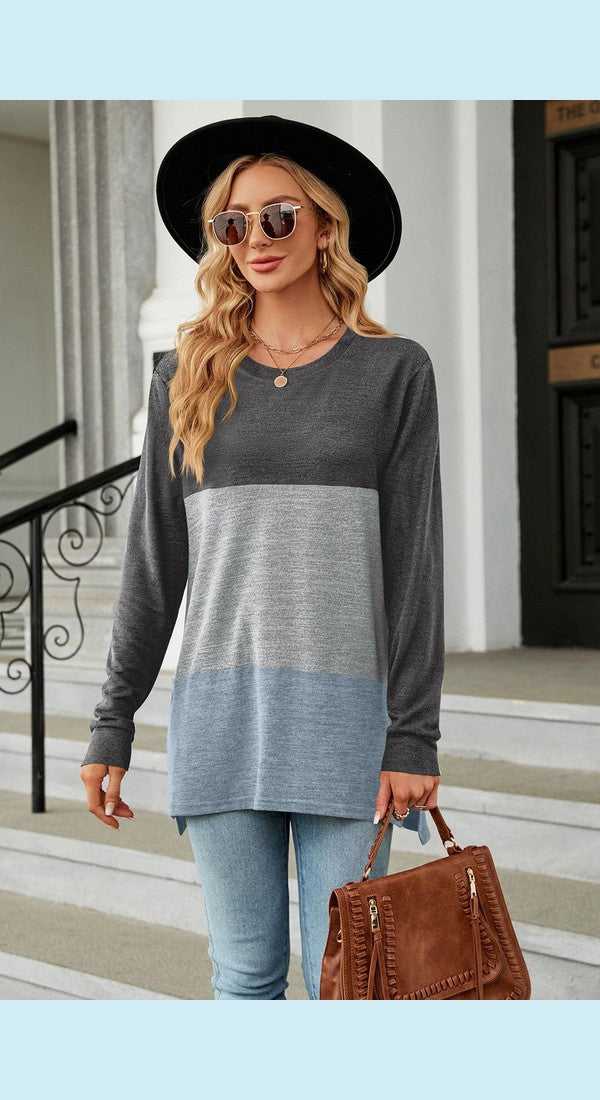 Color Block Round Neck Long Sleeve Slit T-Shirt