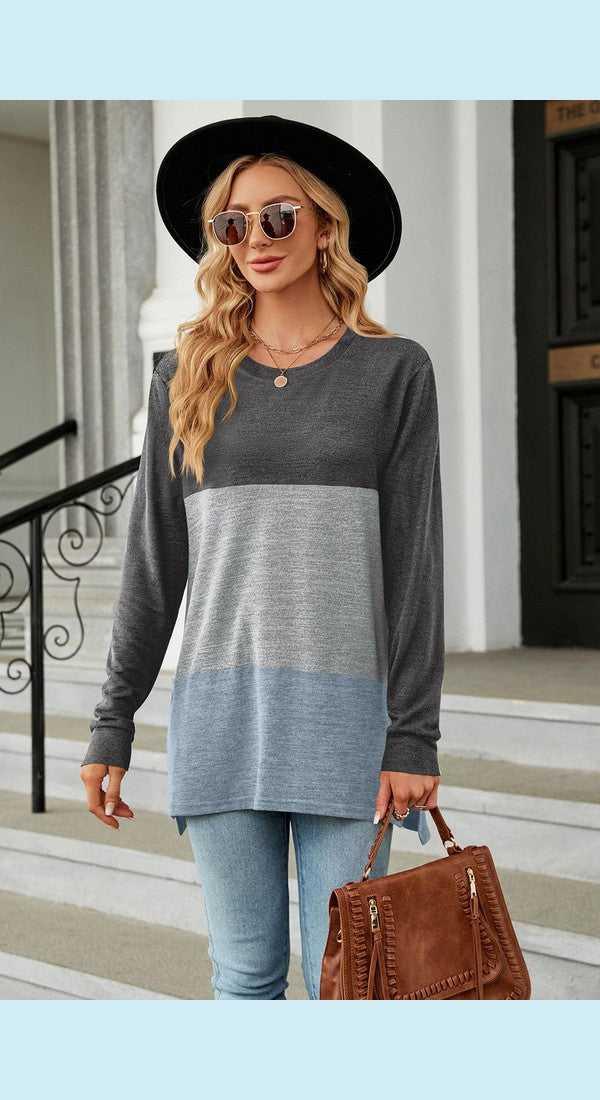 Color Block Round Neck Long Sleeve Slit T-Shirt -- 