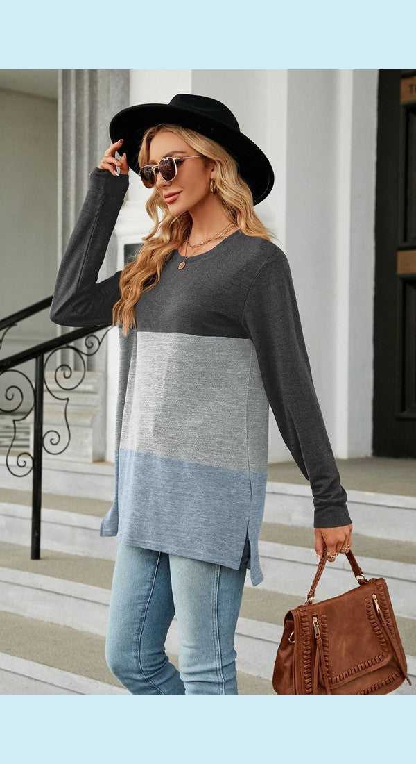Color Block Round Neck Long Sleeve Slit T-Shirt