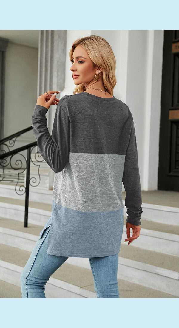 Color Block Round Neck Long Sleeve Slit T-Shirt