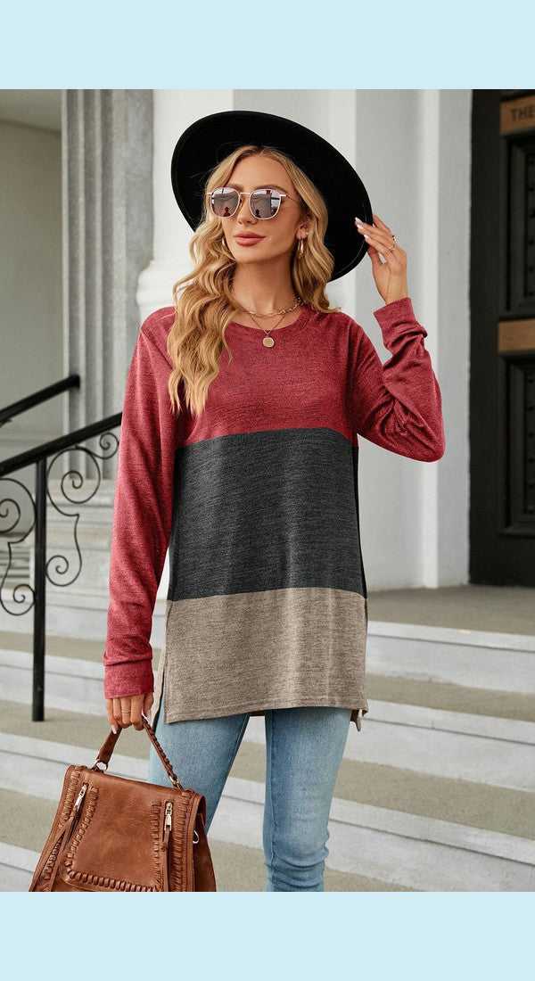 Color Block Round Neck Long Sleeve Slit T-Shirt