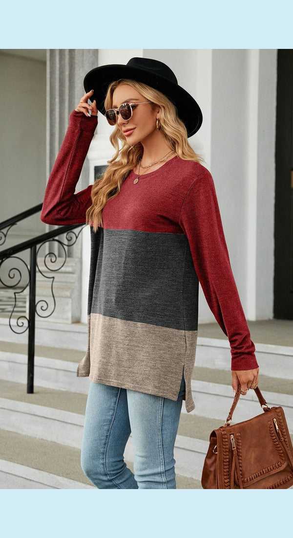 Color Block Round Neck Long Sleeve Slit T-Shirt