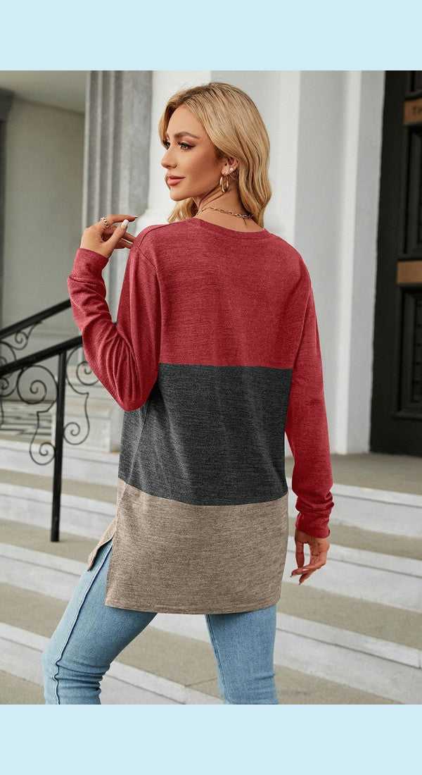 Color Block Round Neck Long Sleeve Slit T-Shirt