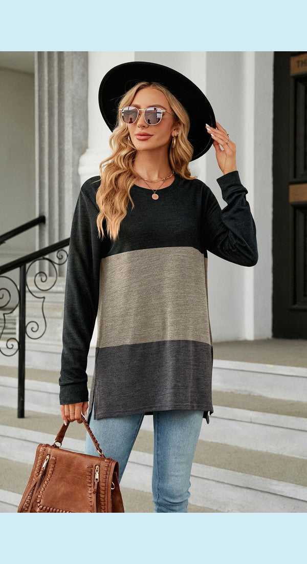 Color Block Round Neck Long Sleeve Slit T-Shirt