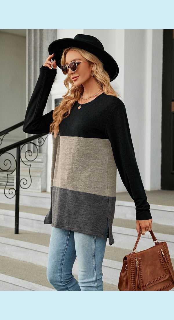 Color Block Round Neck Long Sleeve Slit T-Shirt