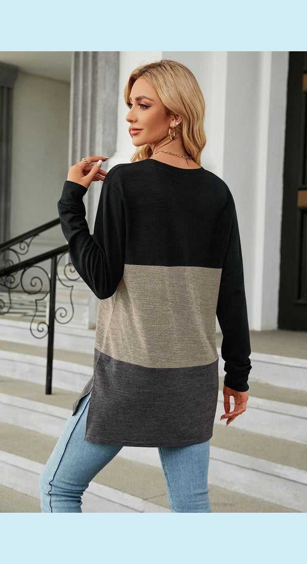 Color Block Round Neck Long Sleeve Slit T-Shirt