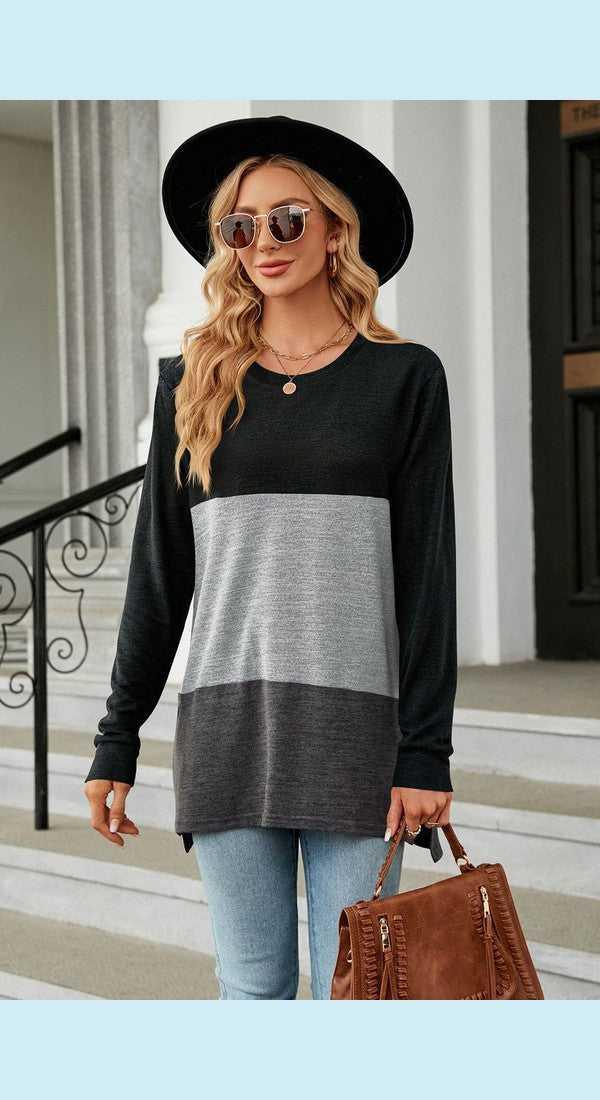 Color Block Round Neck Long Sleeve Slit T-Shirt -- 