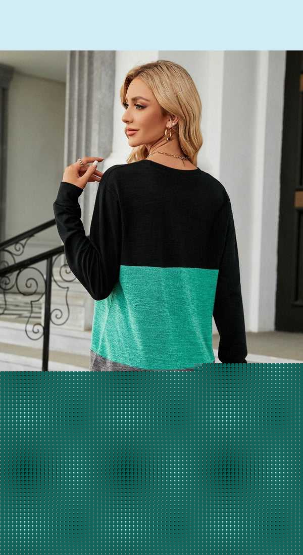 Color Block Round Neck Long Sleeve Slit T-Shirt