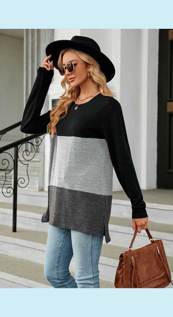 Color Block Round Neck Long Sleeve Slit T-Shirt