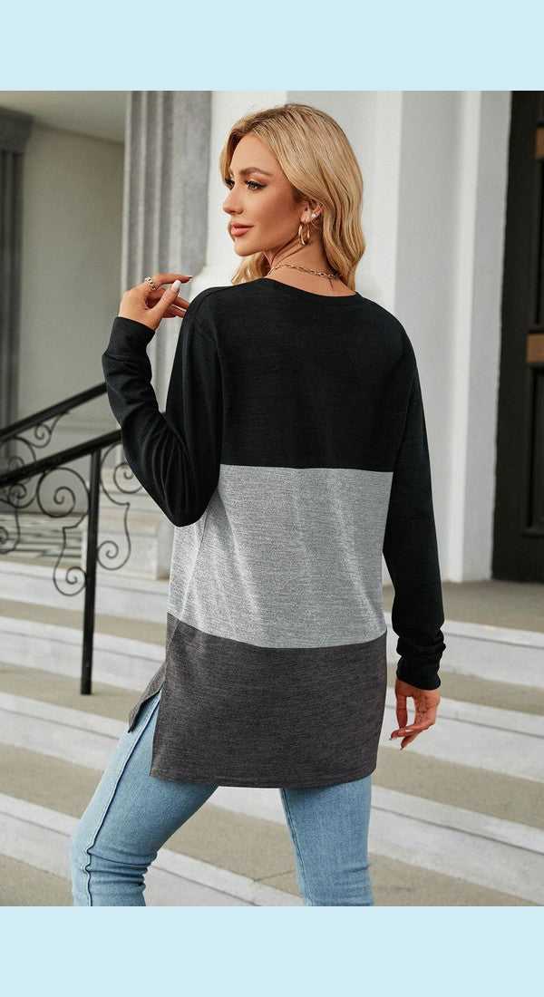 Color Block Round Neck Long Sleeve Slit T-Shirt
