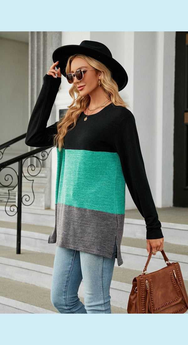Color Block Round Neck Long Sleeve Slit T-Shirt
