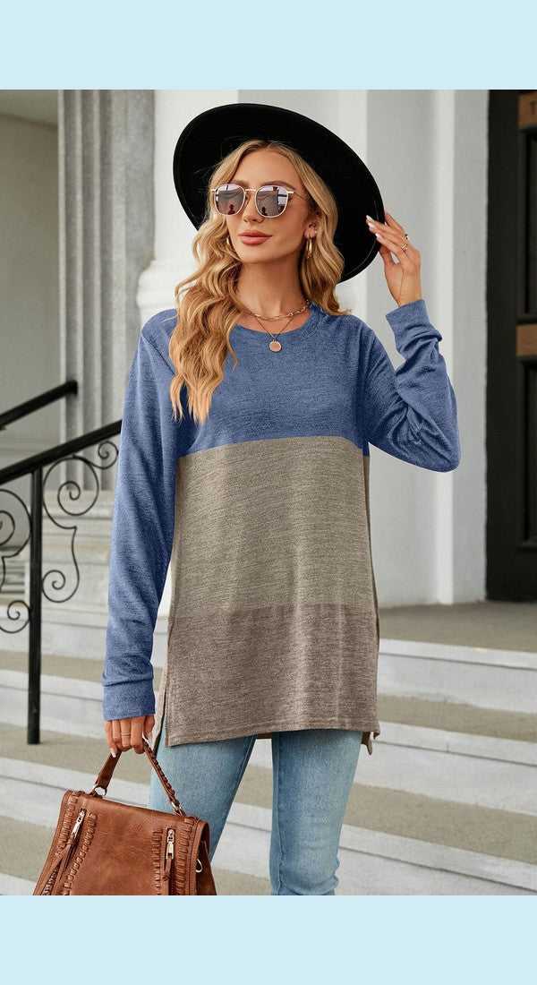 Color Block Round Neck Long Sleeve Slit T-Shirt