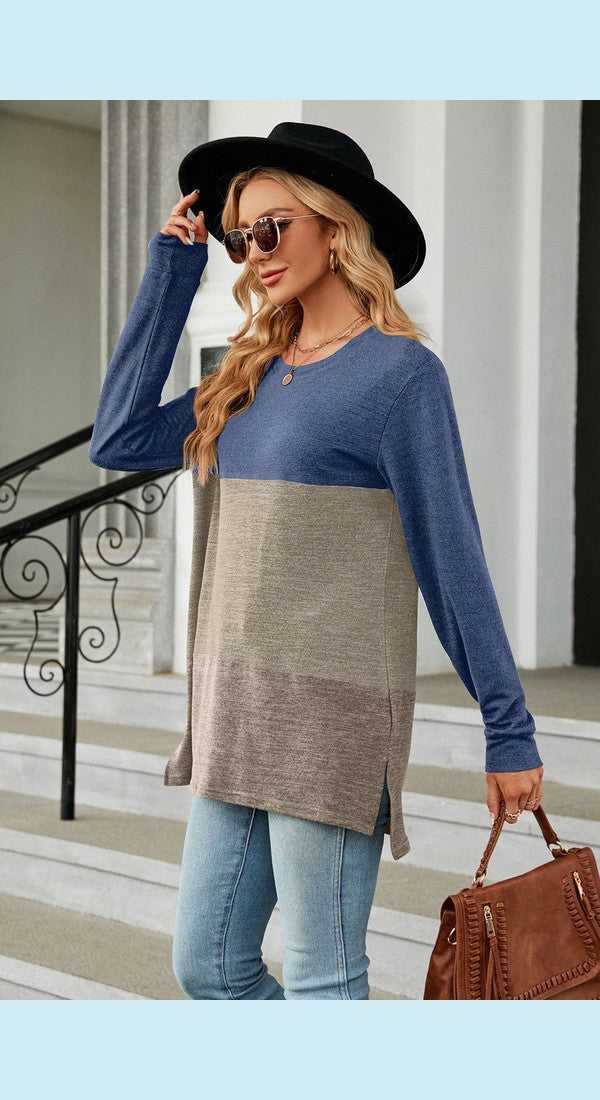 Color Block Round Neck Long Sleeve Slit T-Shirt