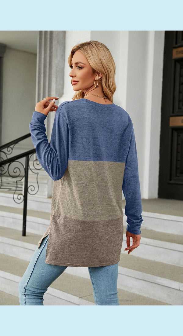 Color Block Round Neck Long Sleeve Slit T-Shirt