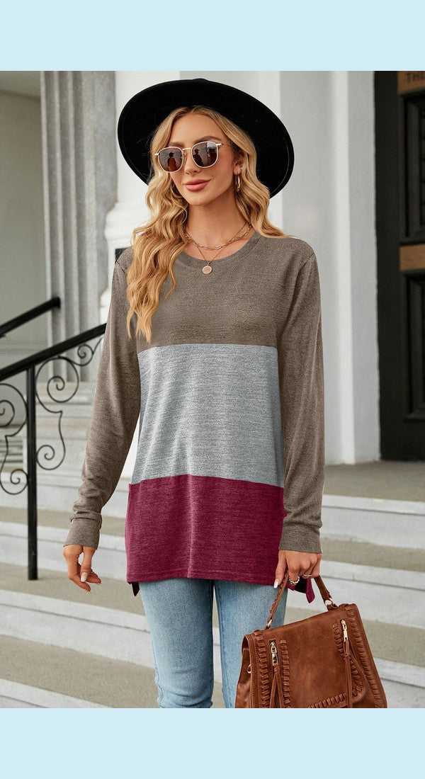 Color Block Round Neck Long Sleeve Slit T-Shirt