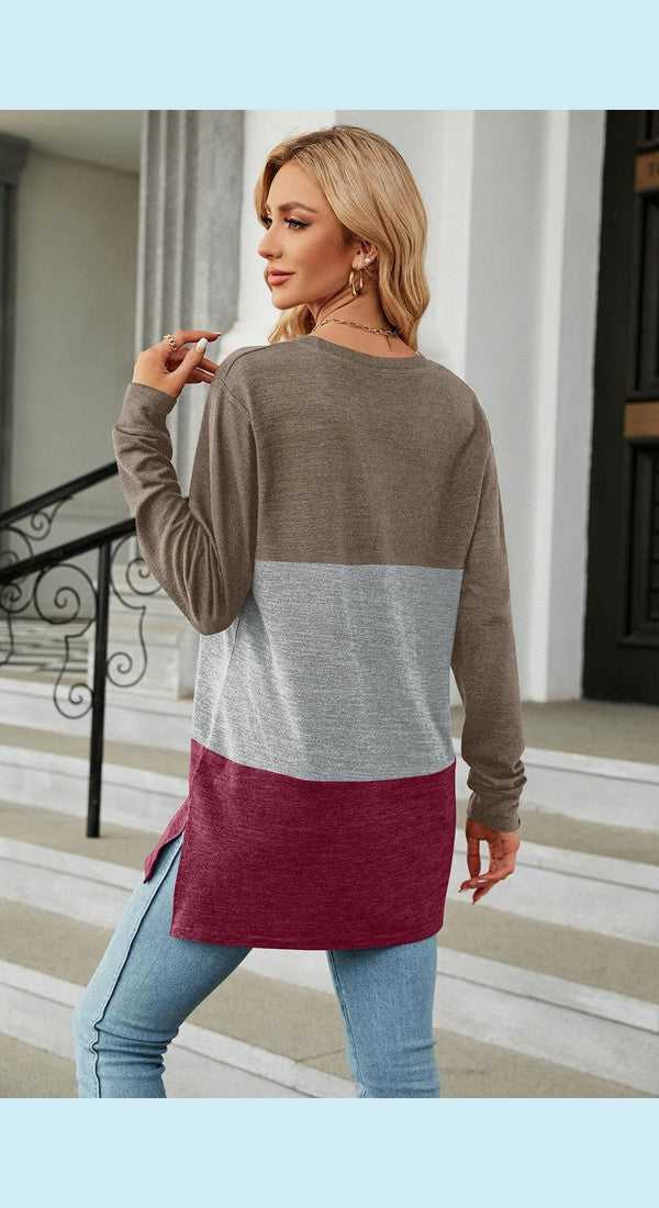 Color Block Round Neck Long Sleeve Slit T-Shirt