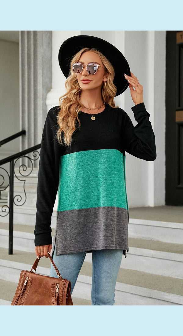 Color Block Round Neck Long Sleeve Slit T-Shirt