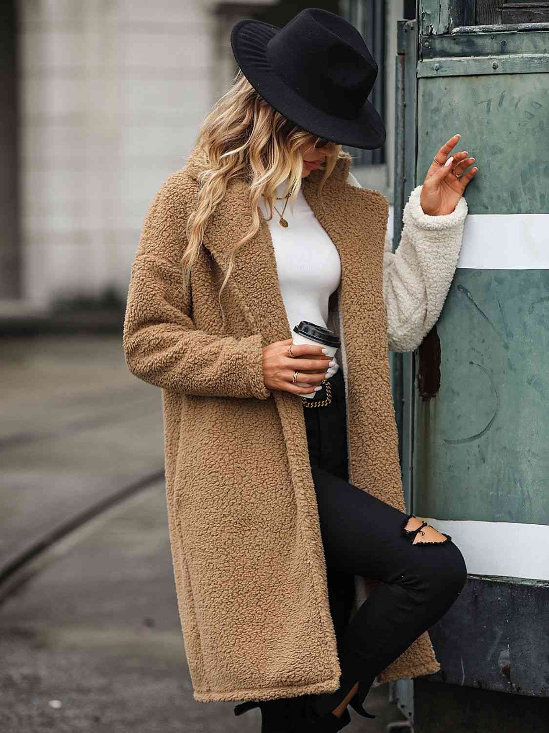 Women Contrast Dropped Shoulder Sherpa Coat