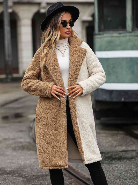 Women Contrast Dropped Shoulder Sherpa Coat