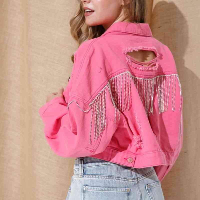 Cropped Collared Neck Dropped Shoulder Denim Jacket -- 