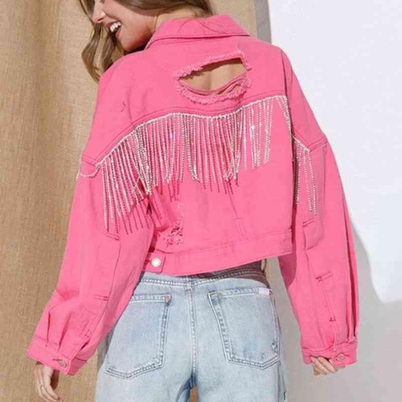 Cropped Collared Neck Dropped Shoulder Denim Jacket -- 