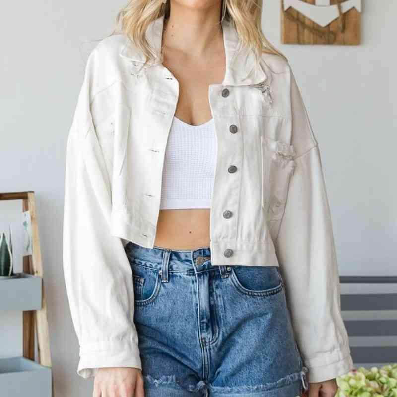 Cropped Collared Neck Dropped Shoulder Denim Jacket -- 