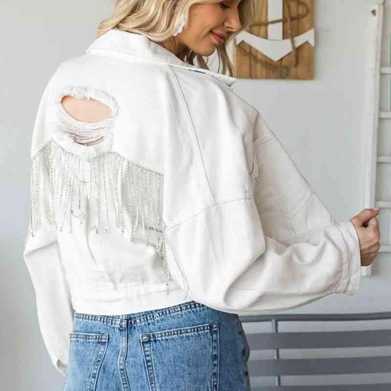 Cropped Collared Neck Dropped Shoulder Denim Jacket -- 