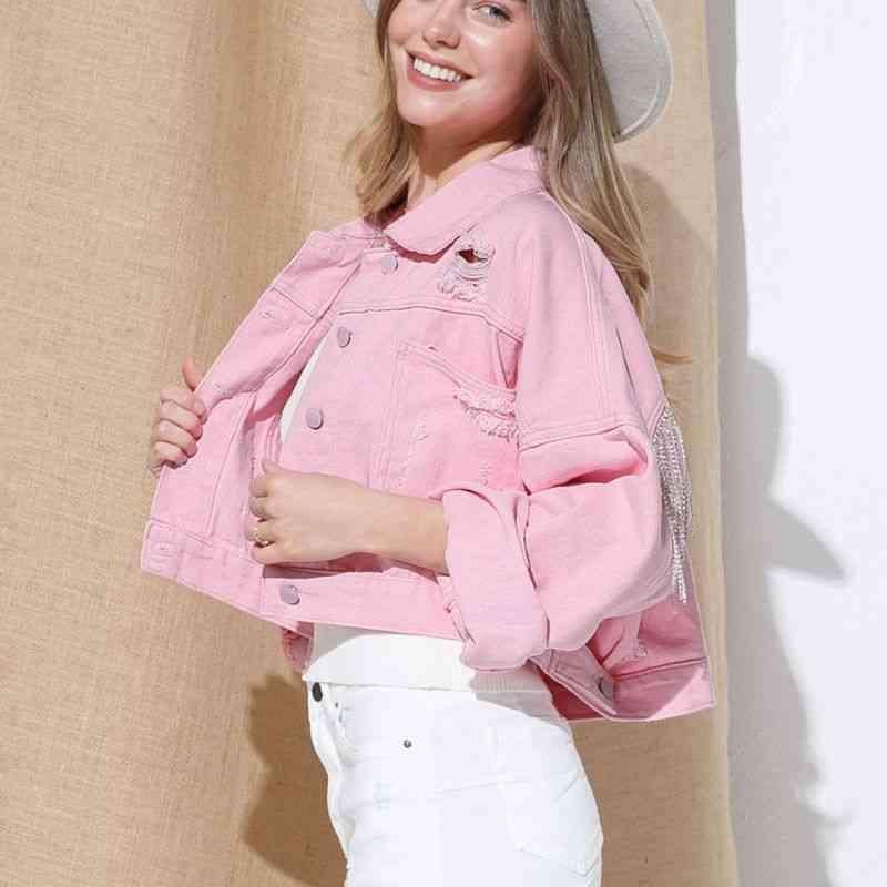 Cropped Collared Neck Dropped Shoulder Denim Jacket -- 