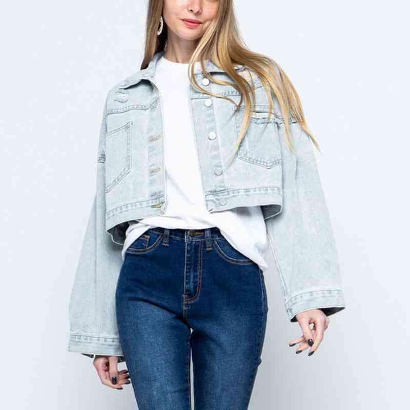 Cropped Collared Neck Dropped Shoulder Denim Jacket -- 
