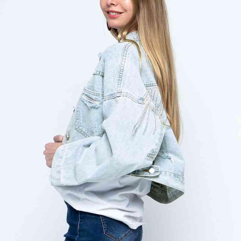 Cropped Collared Neck Dropped Shoulder Denim Jacket -- 