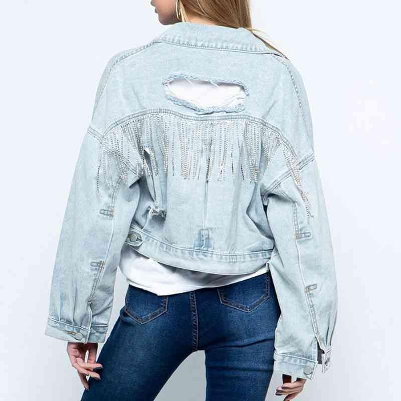 Cropped Collared Neck Dropped Shoulder Denim Jacket -- 
