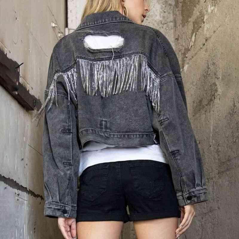 Cropped Collared Neck Dropped Shoulder Denim Jacket -- 