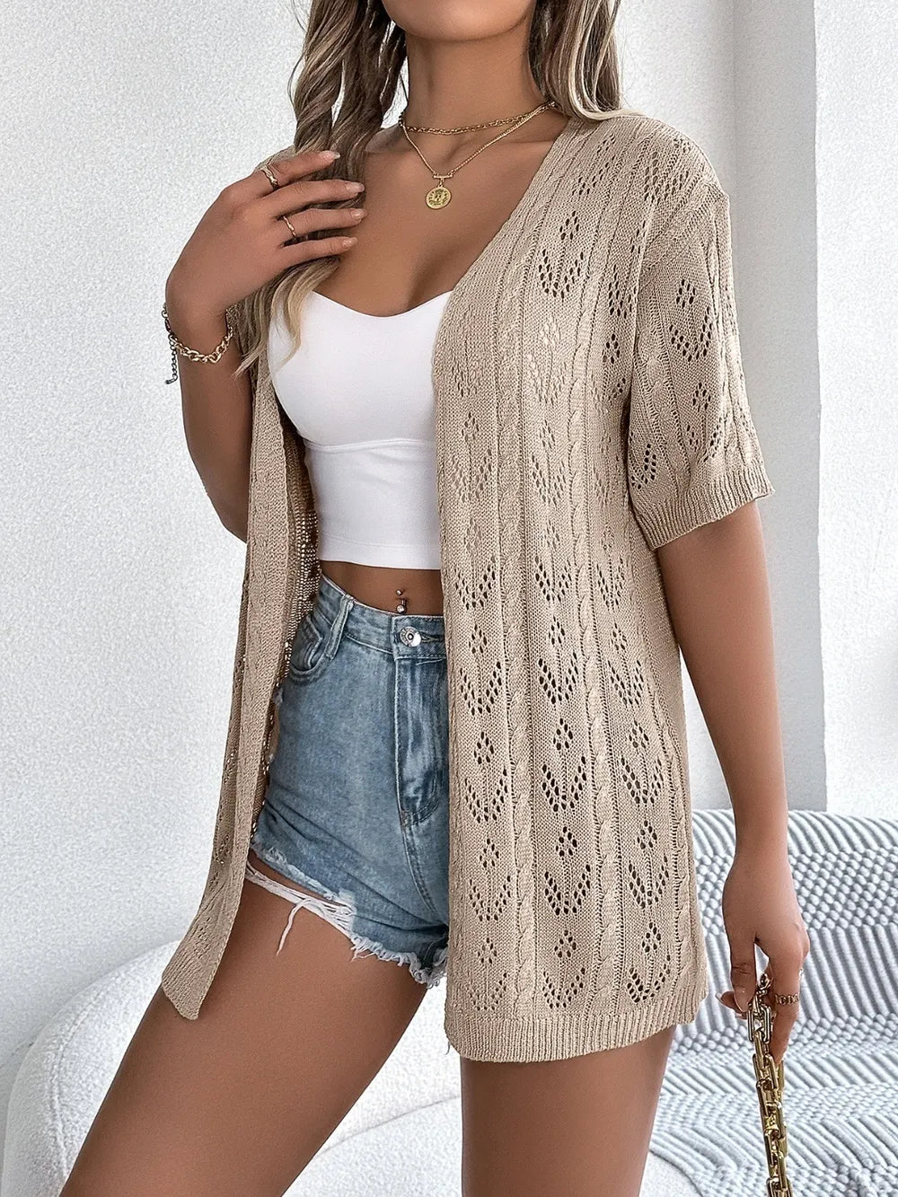 Openwork Open Front Half Sleeve Cardigan – Tan, White & Pink