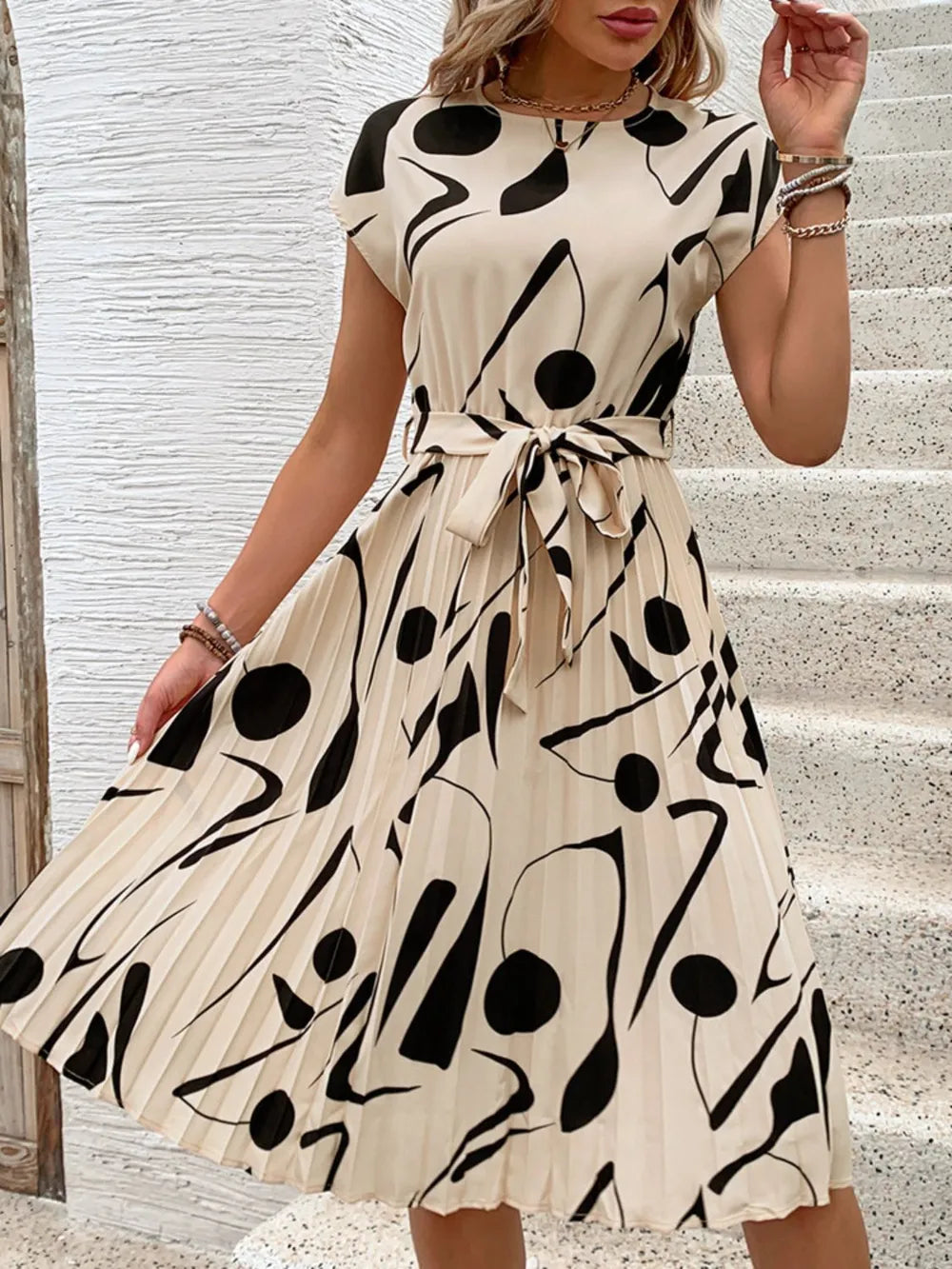 Tied Pleated Printed Midi Dress – Modest Cap Sleeve