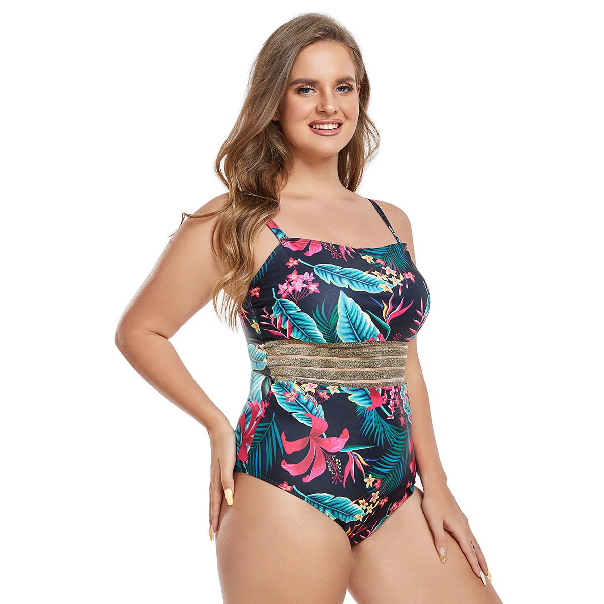 Plus Size Tropical Print One-Piece Swimsuit – High Waist Style