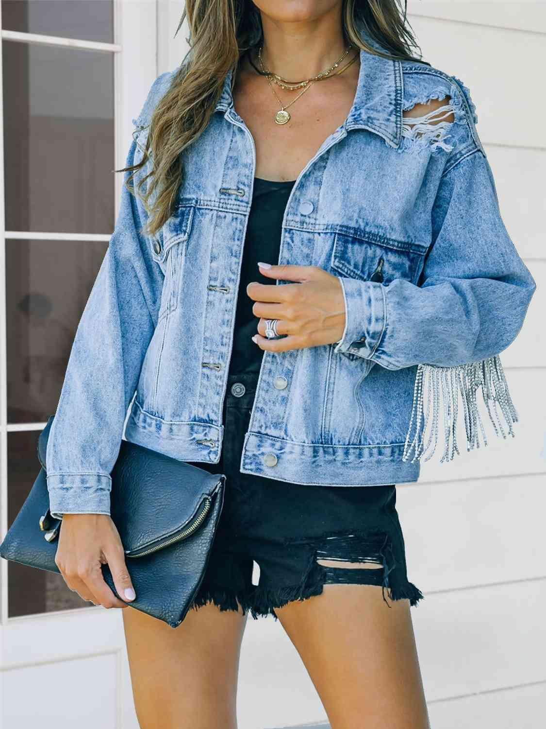 Distressed Fringe Denim Jacket -- 