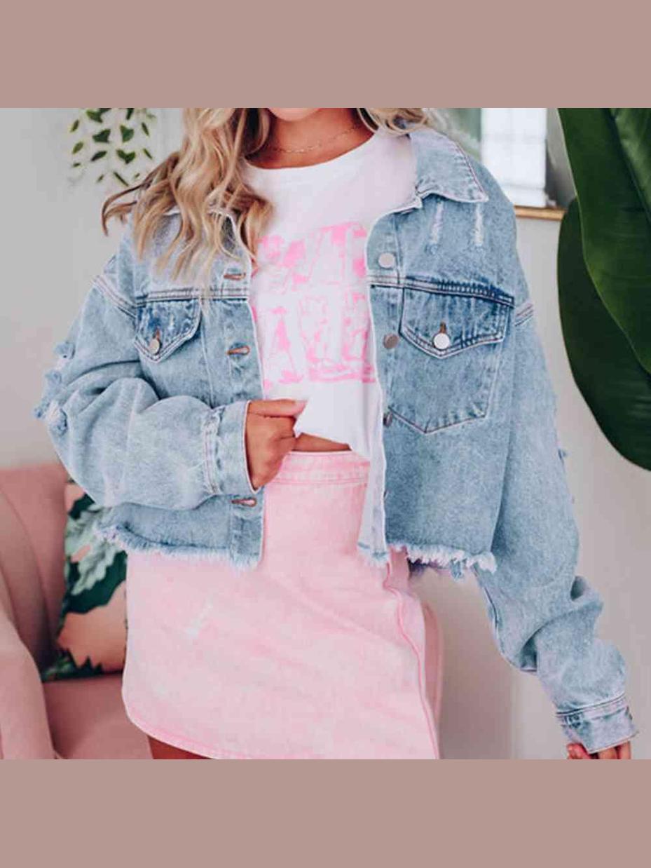 Distressed Raw Hem Denim Jacket -- 